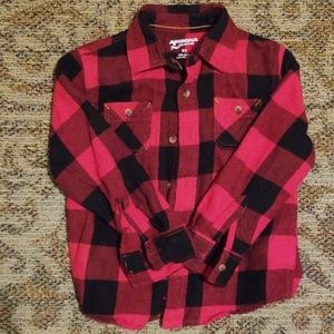 Red black plaid button down shirt